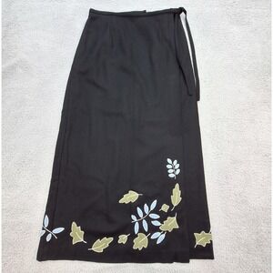 VTG Garnet Hill Skirt Womens 10 Black Wool Blend Lined Leaf Embroidered Midi